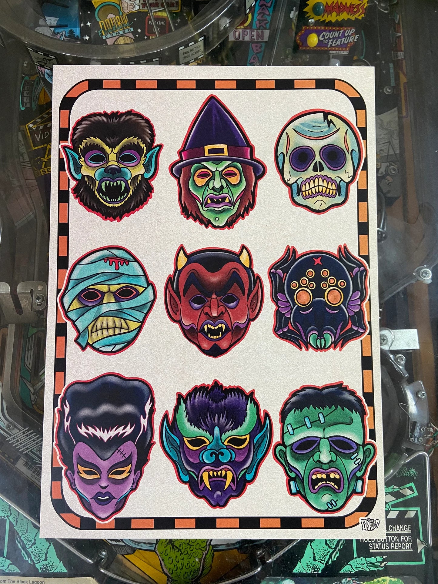 HALLOWEEN VINTAGE HORROR MASKS A3 PRINT